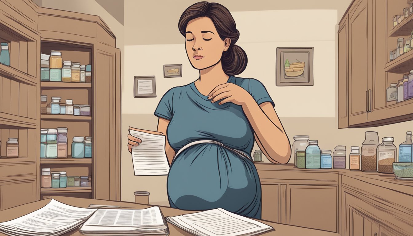 A pregnant woman holding a jar of carob powder with a concerned expression, while looking at a list of potential side effects and risks