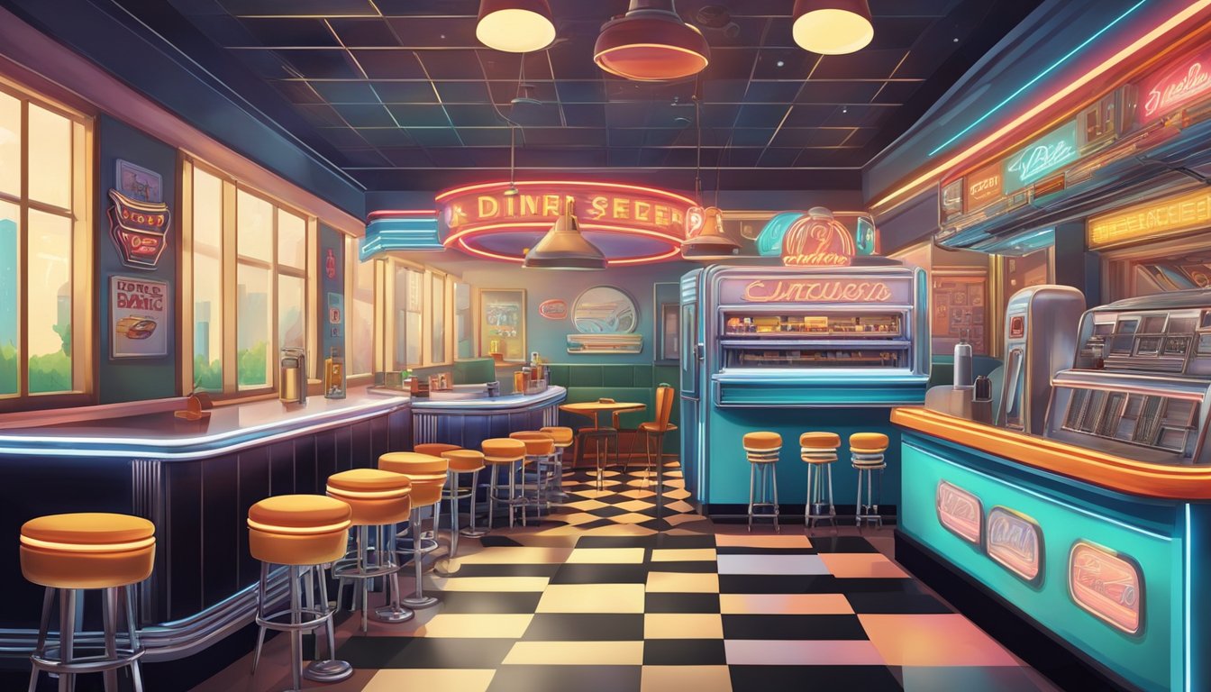 A vintage-style diner with neon signs, retro decor, and a classic jukebox. A colorful mural of rockets and cowboys adorns the wall