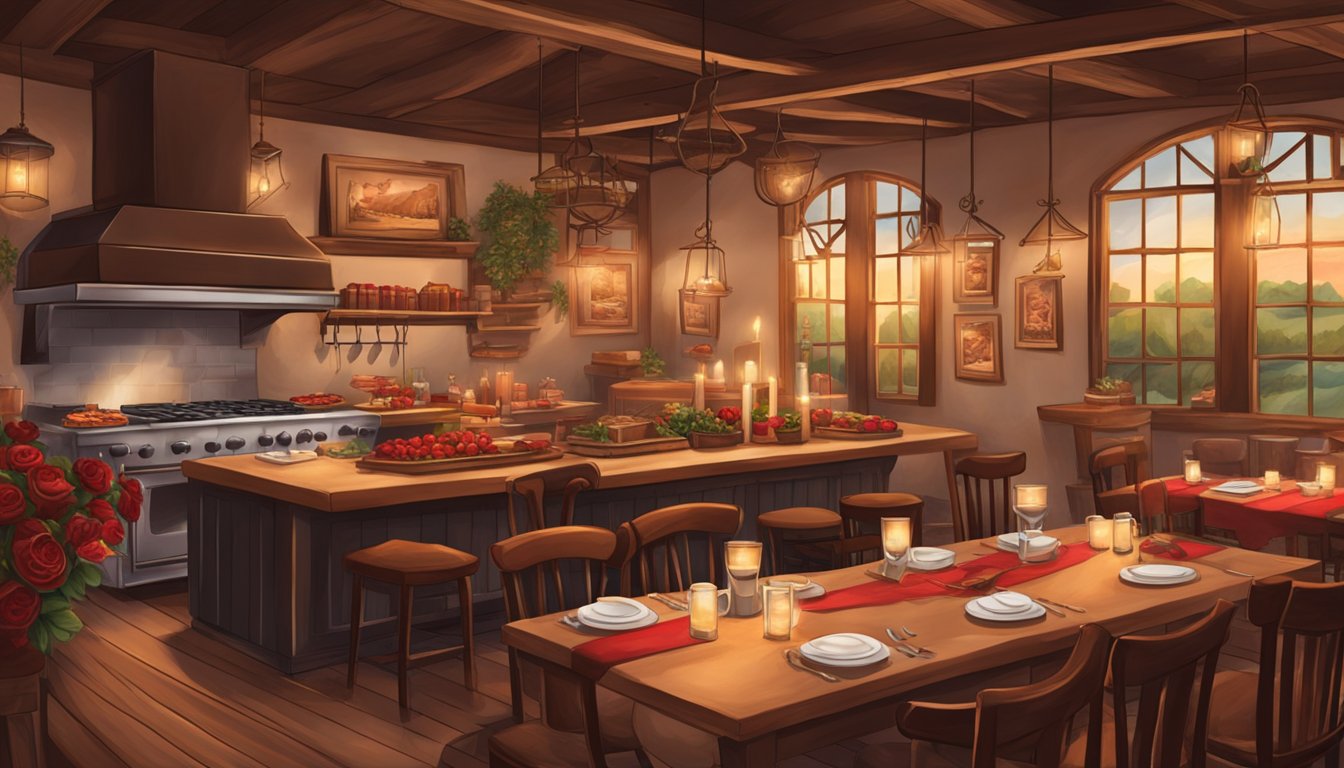 A cozy, candlelit restaurant with a rustic Texas charm. Tables adorned with red roses and flickering candles. A chef preparing heart-shaped steaks and decadent chocolate desserts