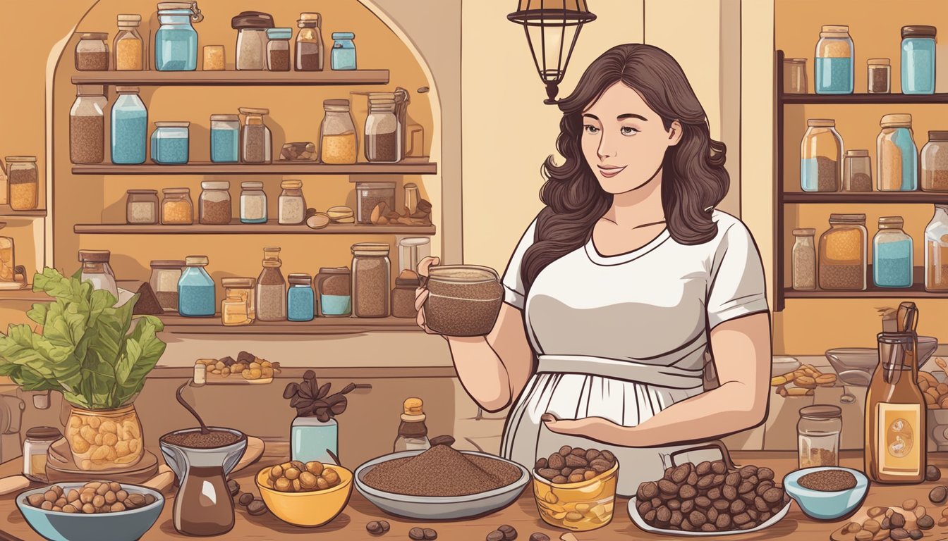 A pregnant woman holding a bag of carob powder with a question mark above her head. She is surrounded by various foods and drinks