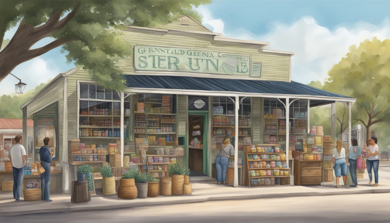 A quaint general store in Gruene, New Braunfels, bustling with locals browsing through shelves of goods and chatting with the friendly store owner