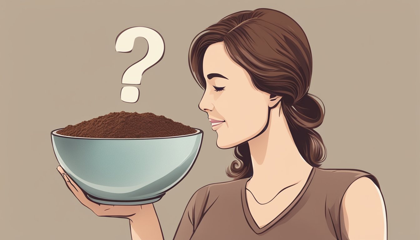 A pregnant woman holding a bowl of carob powder with a question mark above her head