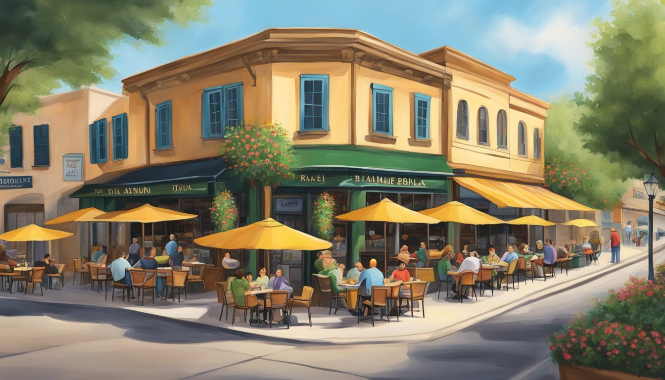 A bustling Italian bistro in New Braunfels, with four local stores surrounding it. Vibrant atmosphere and outdoor seating