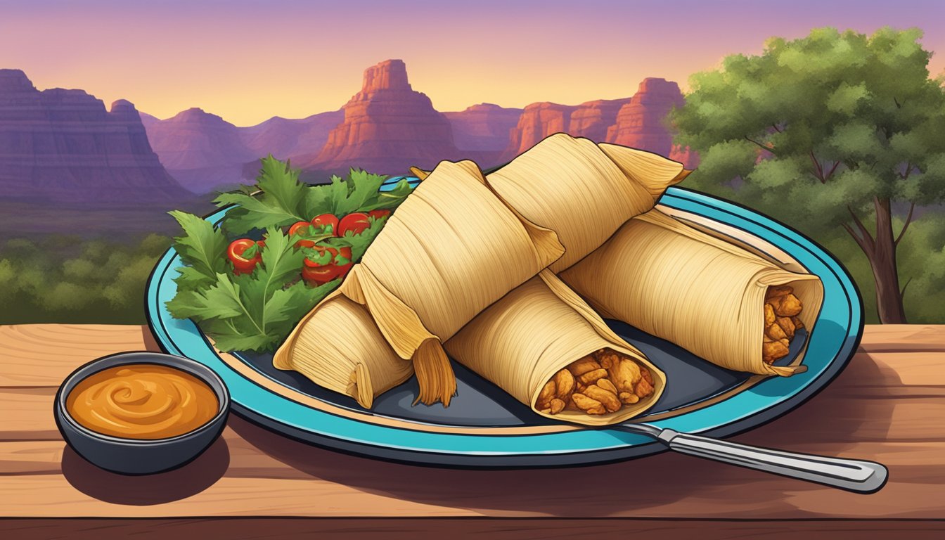 A steaming plate of chicken tamales from Delia's, surrounded by vibrant Texas scenery