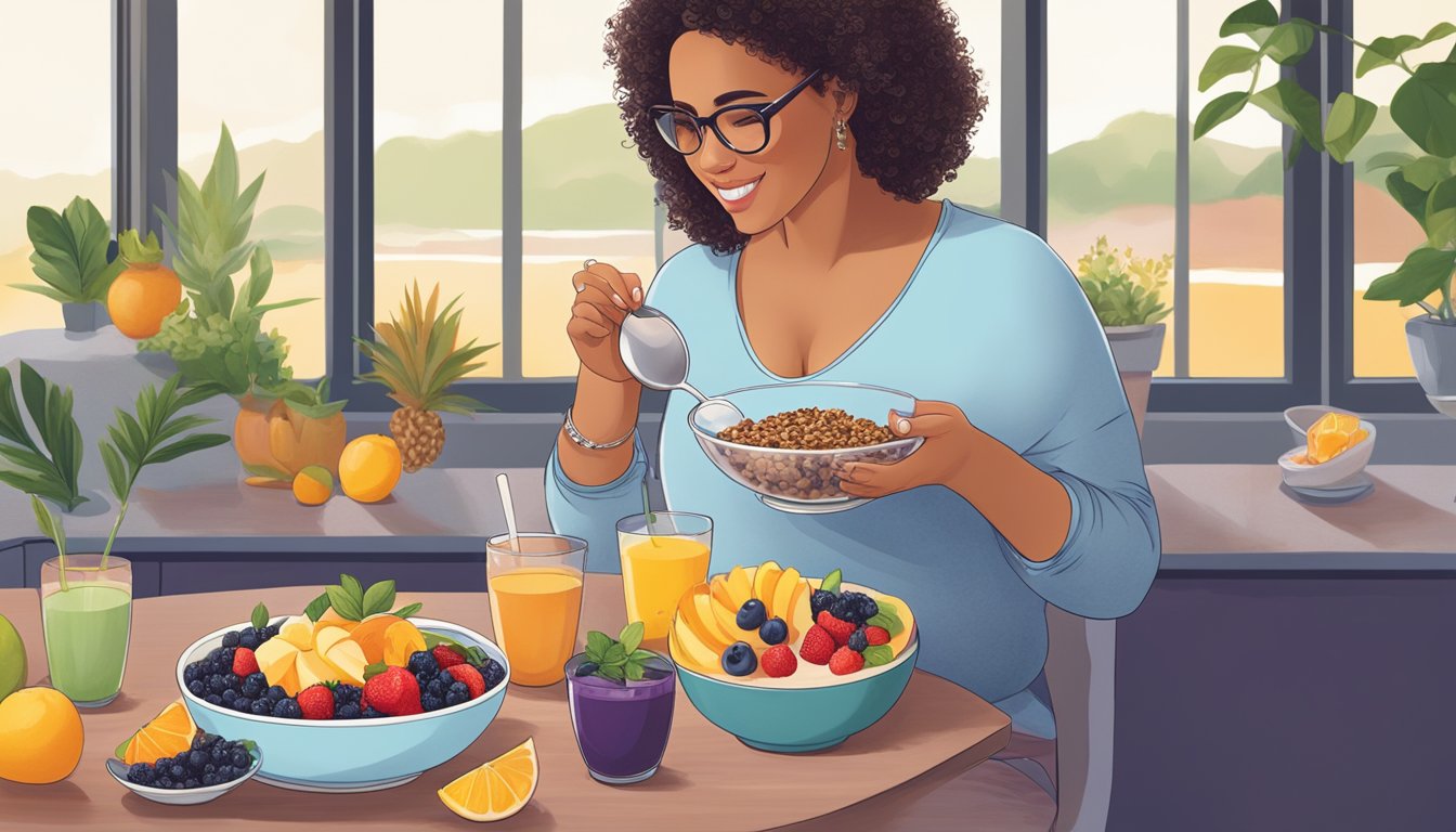 A pregnant woman sitting at a table, enjoying a colorful acai bowl topped with fresh fruit and granola. A glass of water is placed next to the bowl