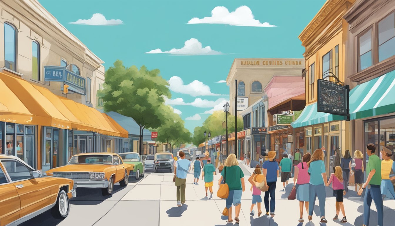 A bustling street in New Braunfels with four distinct local stores, each with its own unique storefront and signage, surrounded by a mix of pedestrians and parked cars