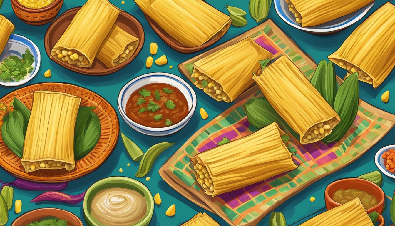 A dozen sweet corn tamales laid out on a colorful tablecloth, surrounded by vibrant Mexican pottery and fresh ingredients