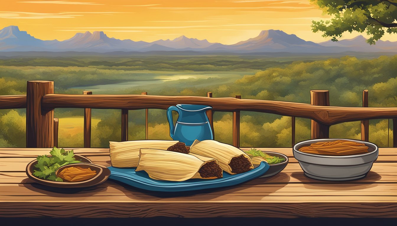 A rustic wooden table with a platter of venison tamales, surrounded by vibrant Texas scenery