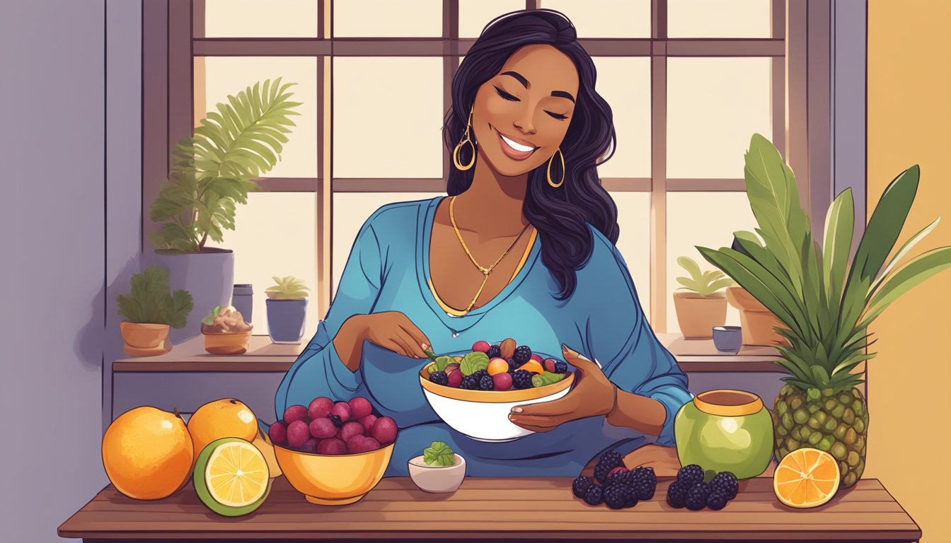 A pregnant woman sitting at a table, enjoying a colorful acai bowl topped with fresh fruits and nuts, with a peaceful expression on her face