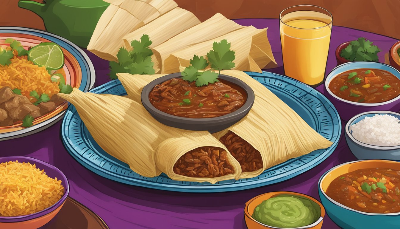 A steaming barbacoa tamale sits on a colorful plate at Dona Tota, surrounded by 11 other tamales, creating a mouthwatering display of Texas cuisine