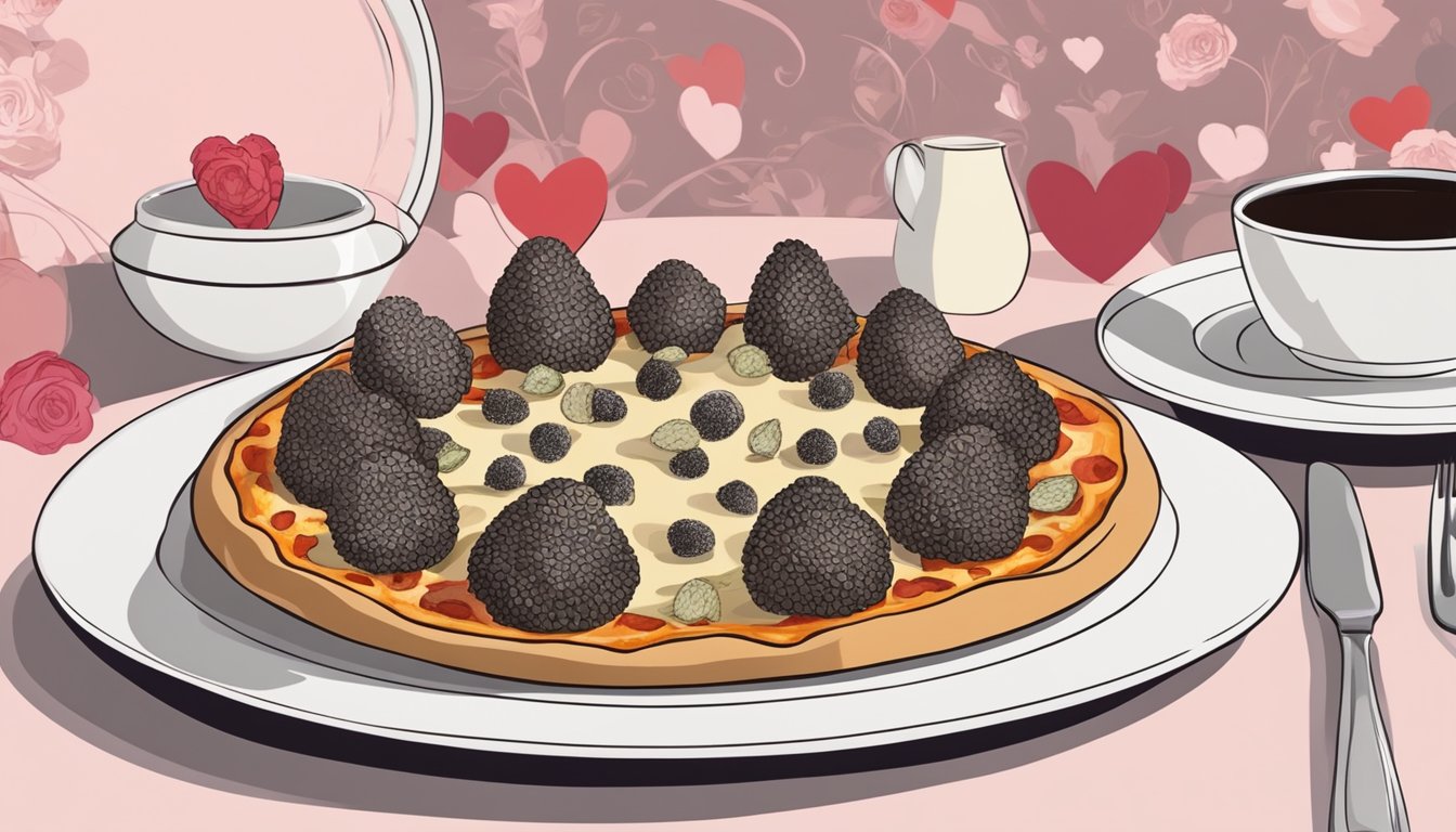 A gourmet black truffle pizza on a decorative plate at Spago, surrounded by elegant Valentine's Day dinner settings