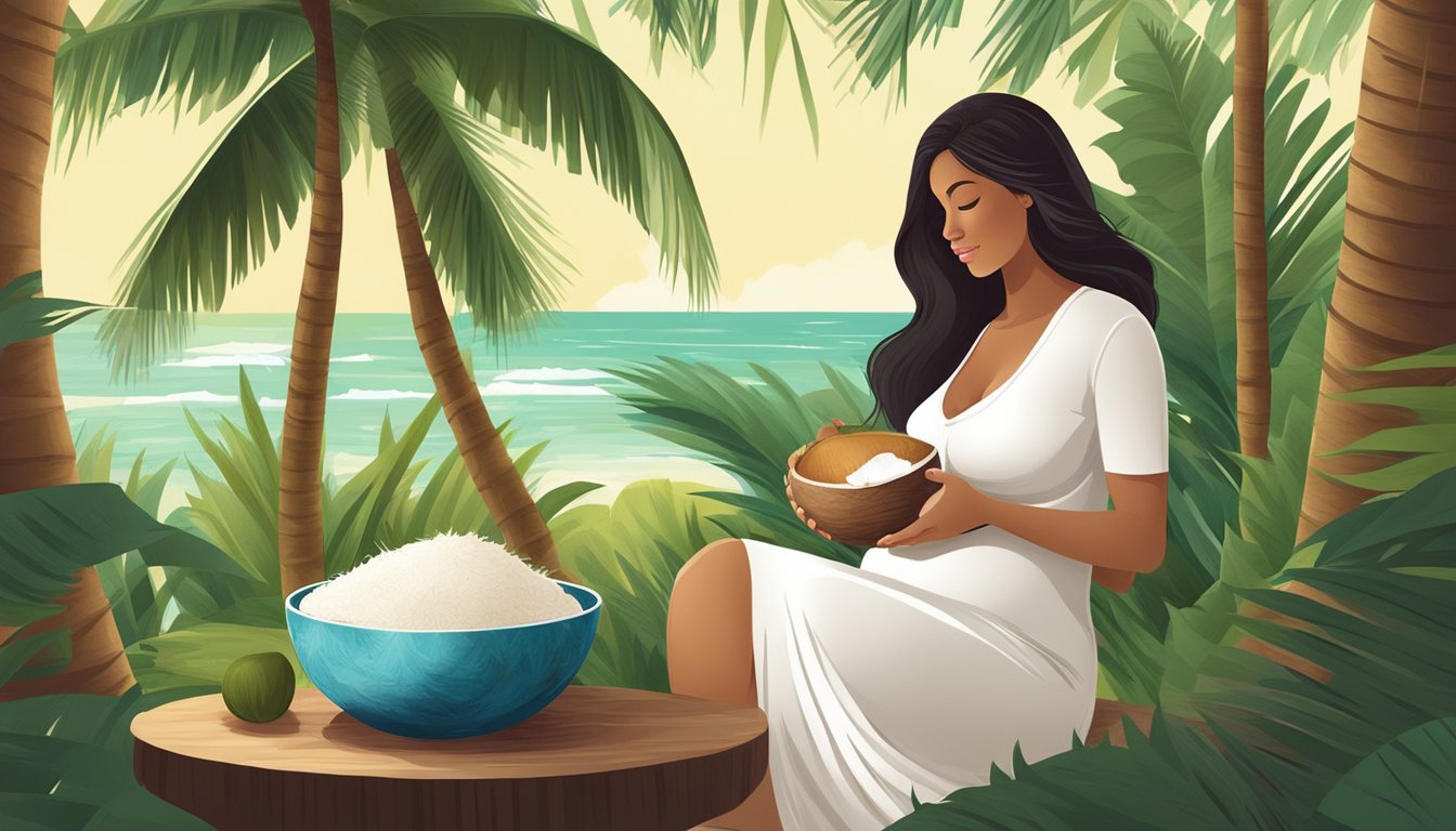 A pregnant woman sitting with a bowl of raw coconut, surrounded by coconut trees and a soothing tropical setting