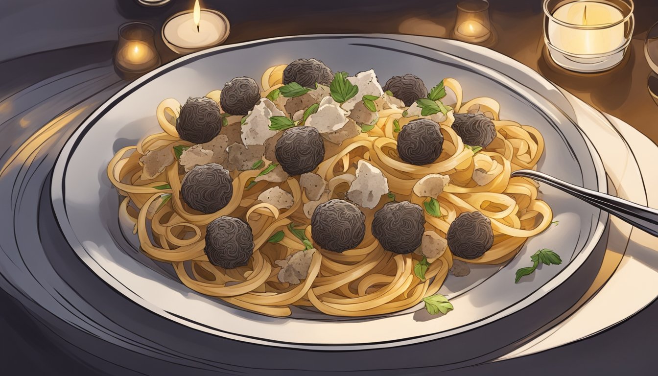 A luxurious plate of truffle pasta is elegantly presented on a sleek, modern table at Osteria Mozza, surrounded by dim candlelight and a romantic ambiance