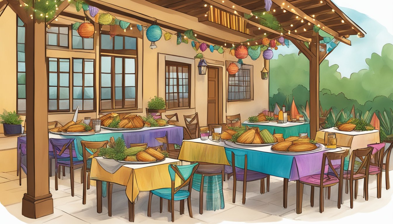 A festive outdoor scene at Hugo's in Texas, with a table set for 12 tamales, surrounded by colorful decorations and a warm, inviting atmosphere