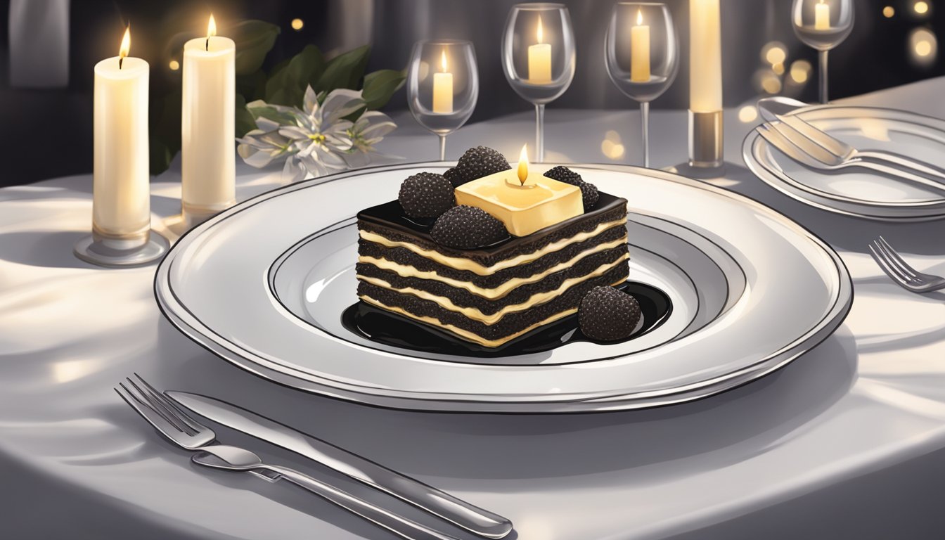 A decadent black truffle lasagna sits on a pristine white plate, surrounded by elegant table settings and soft candlelight