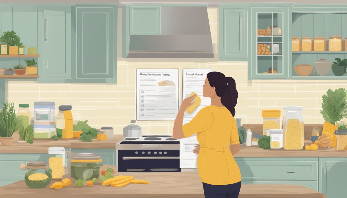 A pregnant woman standing in a kitchen, holding a container of nutritional yeast while looking at a list of safe foods for pregnancy