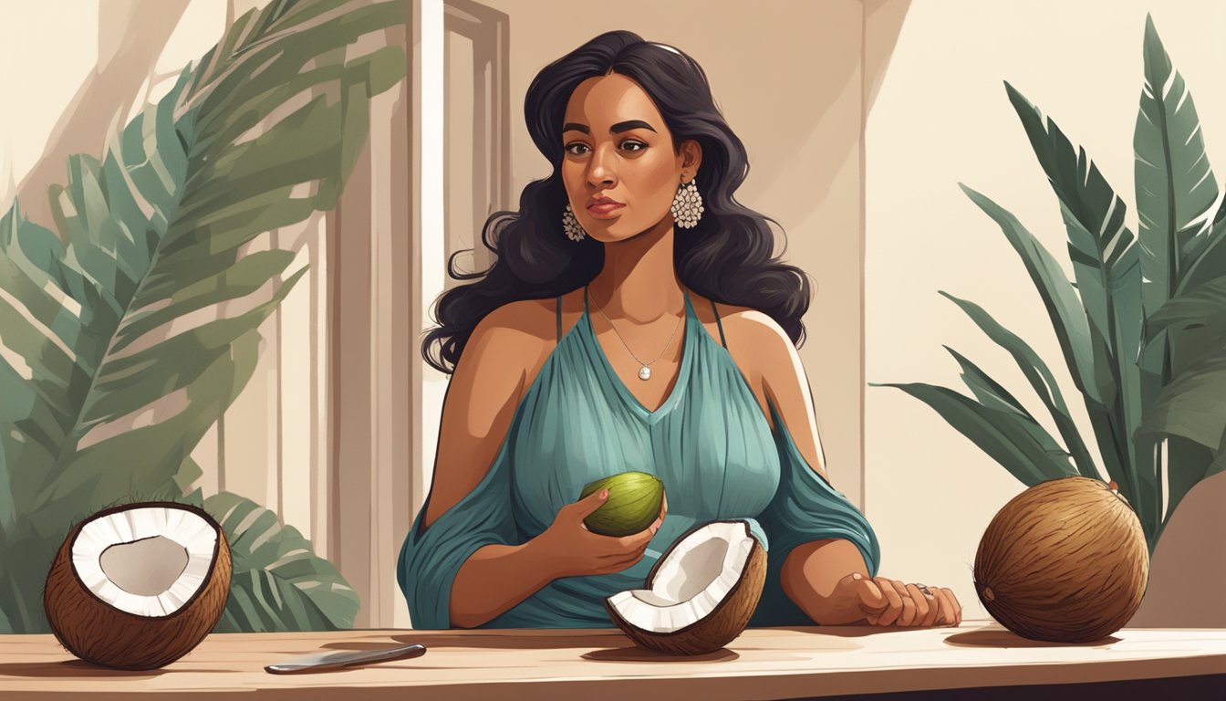 A pregnant woman sitting at a table, holding a whole coconut in one hand and a knife in the other, with a concerned expression on her face