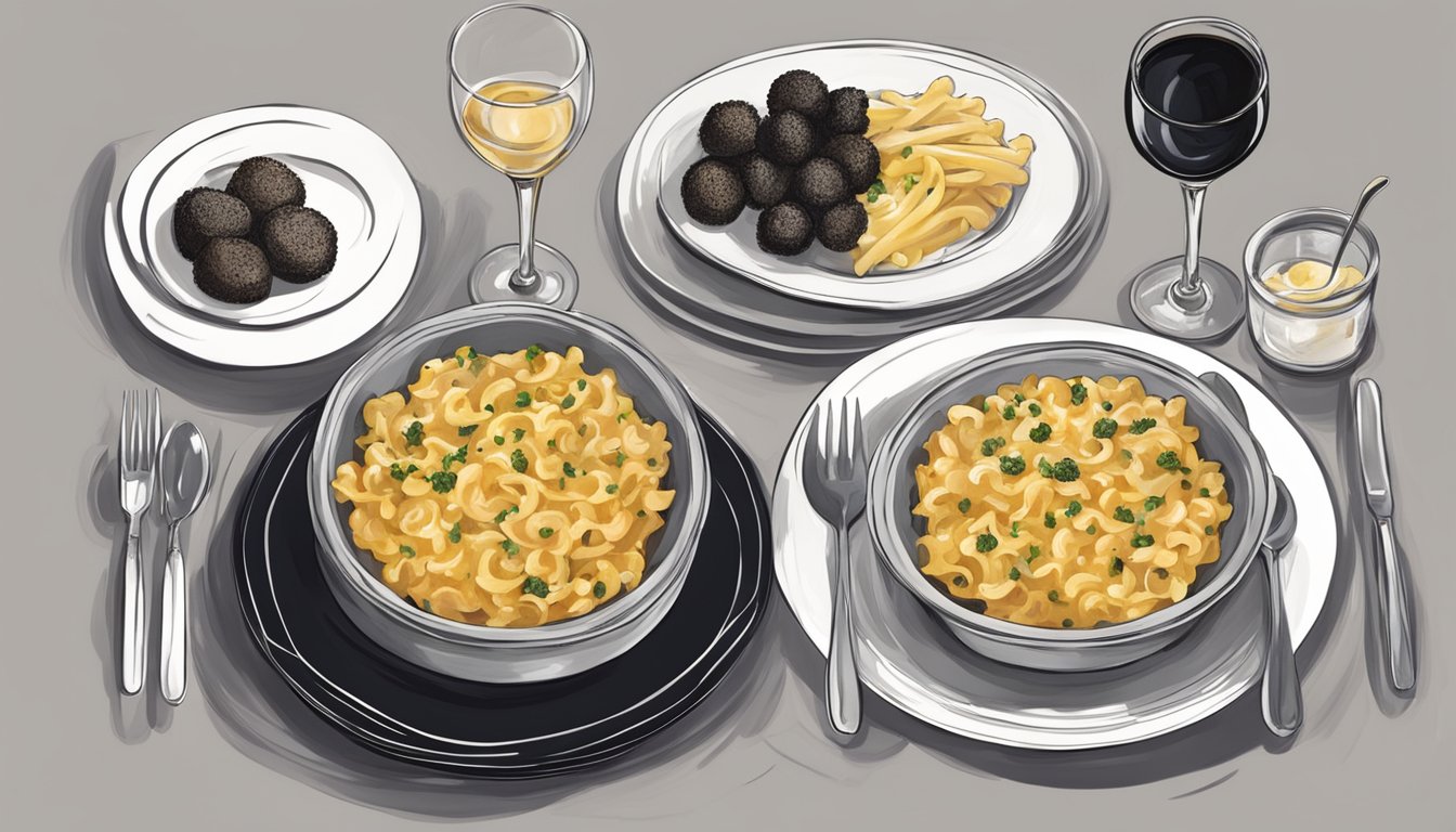 A fancy table set with truffle mac and cheese and black truffle dishes at The Ivy on Valentine's Day