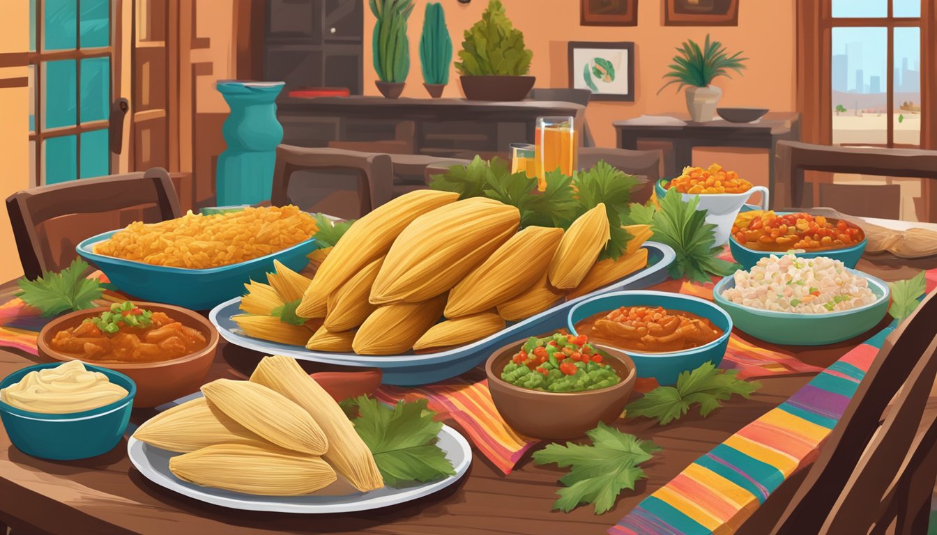 A festive table spread with a dozen turkey tamales from River City Tamales, surrounded by Texan decor and vibrant colors