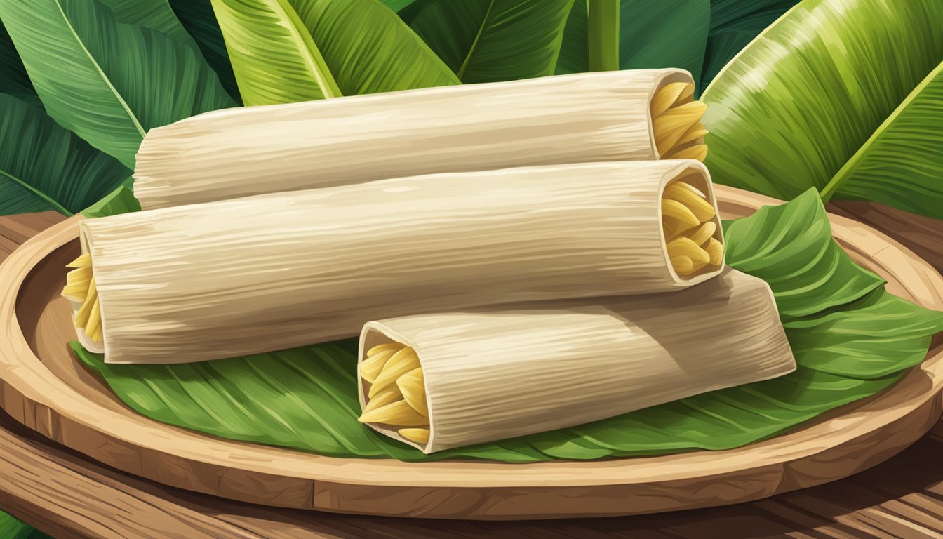 A steaming Oaxaca Cheese Tamale surrounded by vibrant green banana leaves on a rustic wooden plate