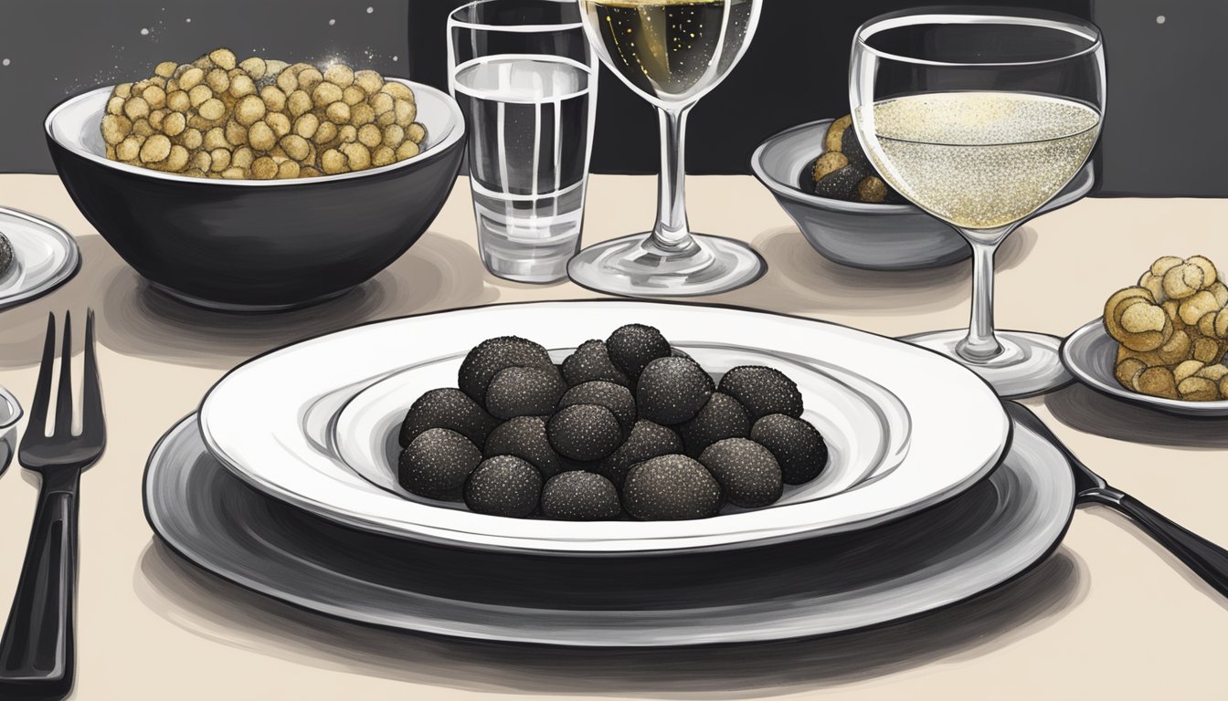 A table set with elegant black truffle gnocchi and sparkling dinnerware at Il Pastaio