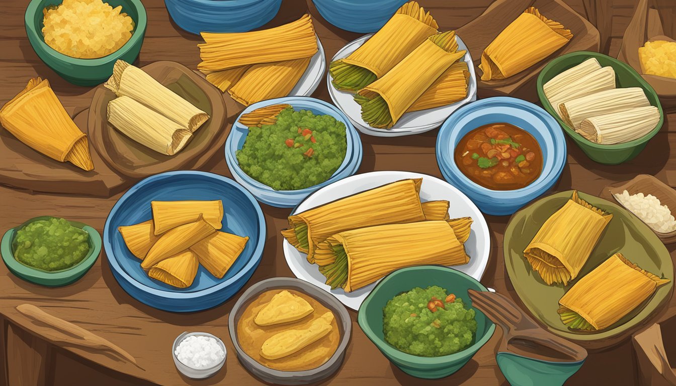 A colorful array of 12 tamales, each representing a different flavor and cultural significance, arranged on a rustic Texas-themed table setting