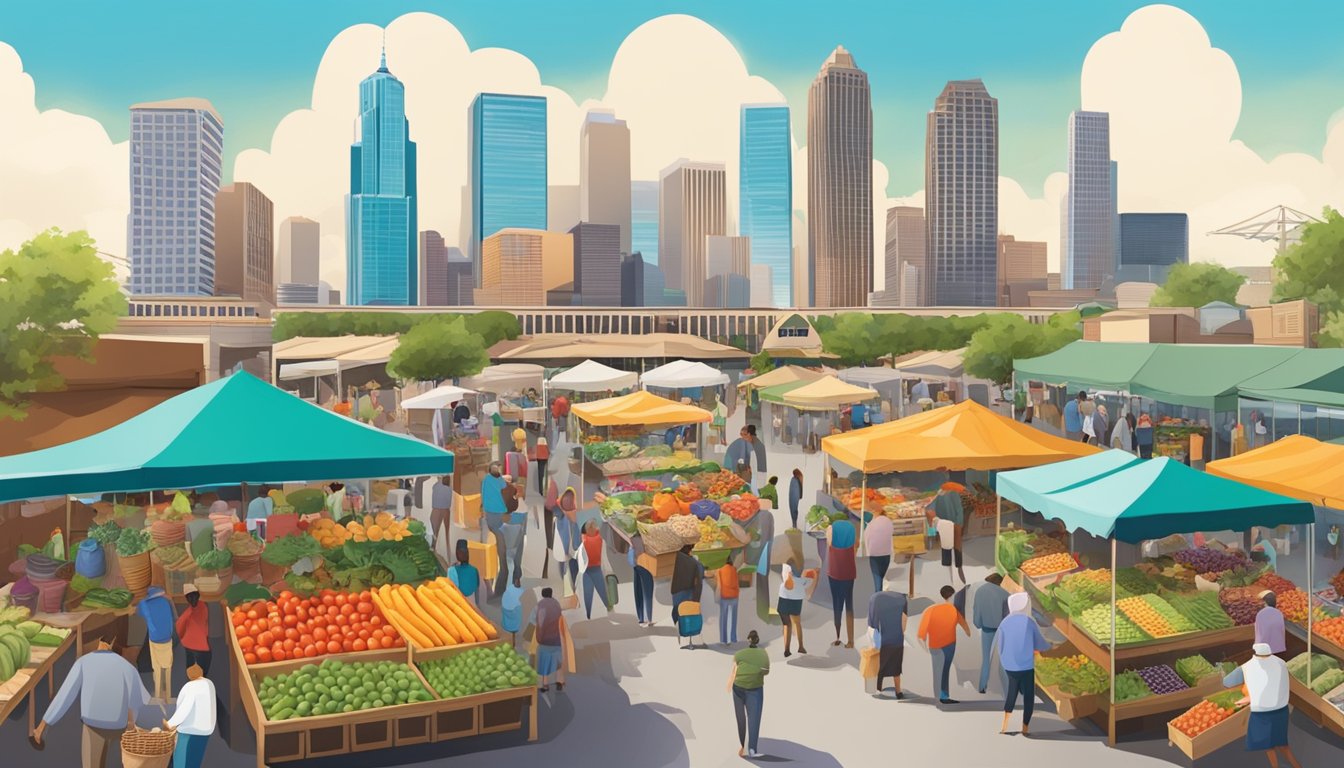 A bustling farmers market with colorful produce and local vendors, surrounded by Houston's skyline and bustling restaurant scene