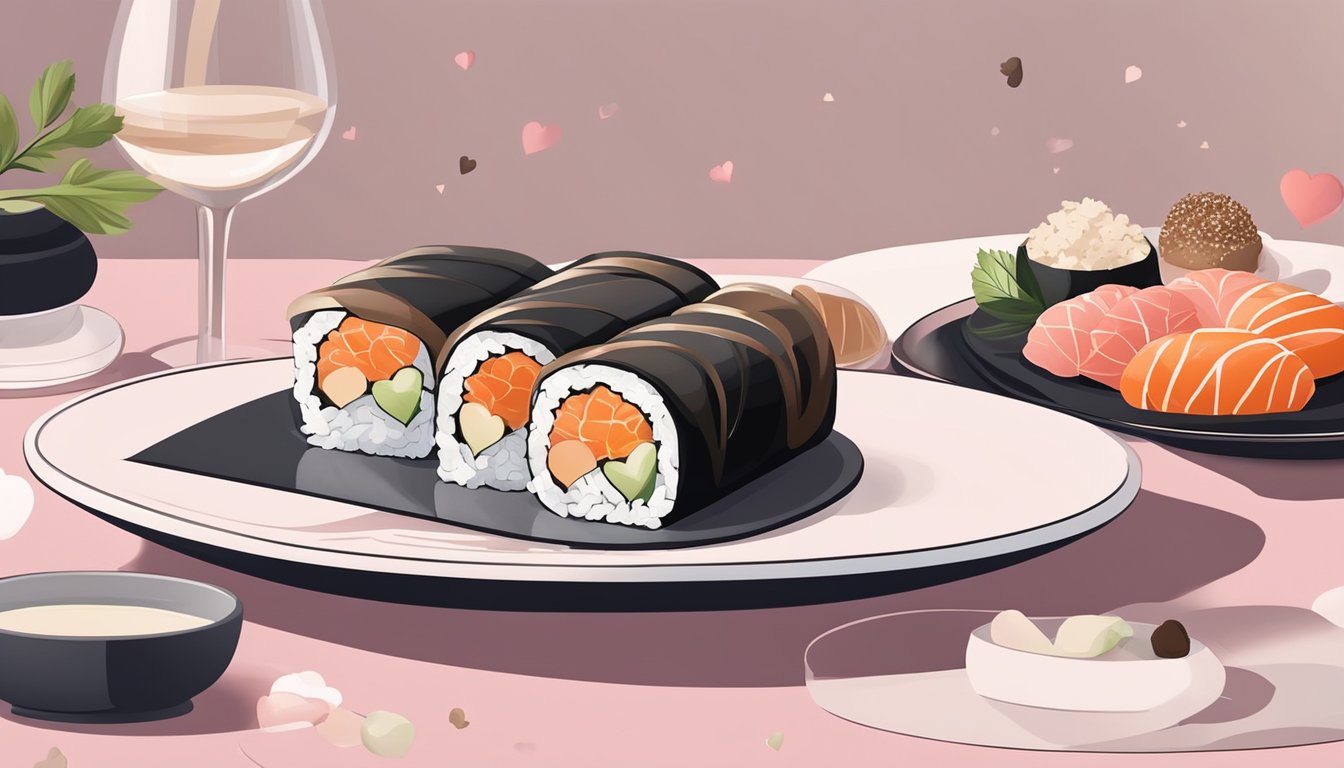 A luxurious sushi roll topped with black truffle sits on a sleek plate, surrounded by elegant Valentine's Day dinner settings