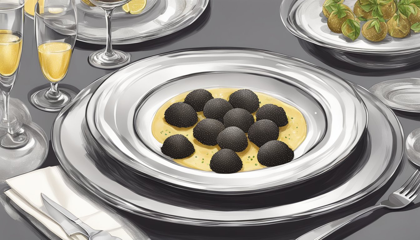 A table set with elegant black truffle ravioli and sparkling dinnerware at Angelini Osteria