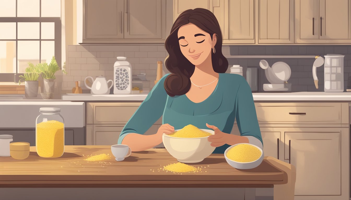 A pregnant woman holding a bowl of nutritional yeast while reading about its health benefits and uses in a cozy kitchen setting