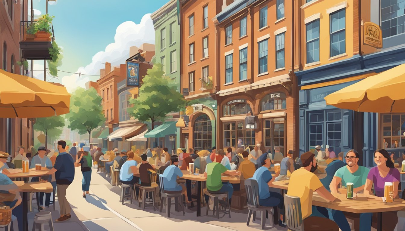 A bustling street lined with colorful brewery signs and outdoor seating areas, filled with locals and visitors enjoying craft beers and lively conversation