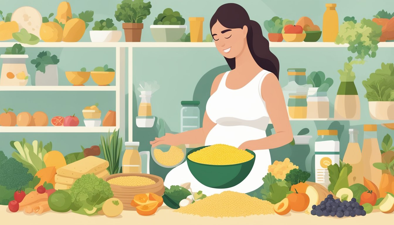 A pregnant woman holding a bowl of nutritional yeast, surrounded by various healthy food items