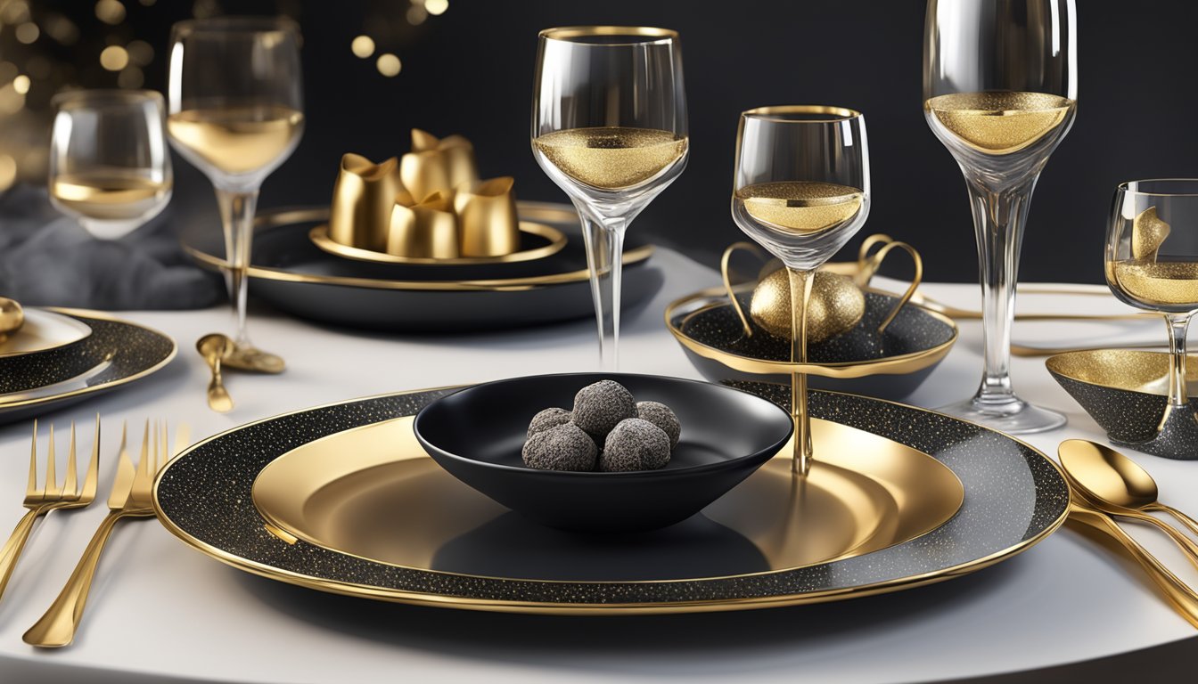 A luxurious table setting with black truffle-infused dishes and elegant dinnerware, accented with sparkling gold and silver details