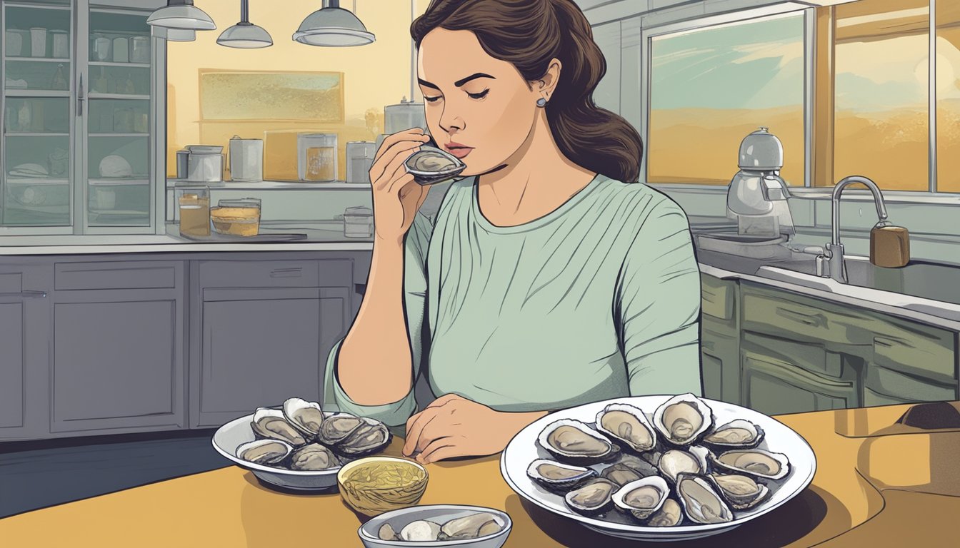 A pregnant woman hesitates over a plate of raw oysters, while a warning sign about mercury contamination looms in the background