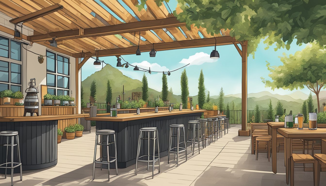 A sunny outdoor patio with a variety of craft beer taps, surrounded by greenery and local artwork at Hops & Grain Brewing in San Marcos