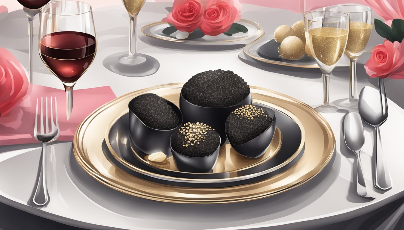 A lavish table setting with black truffle-infused dishes, sparkling champagne flutes, and elegant Valentine's Day decorations