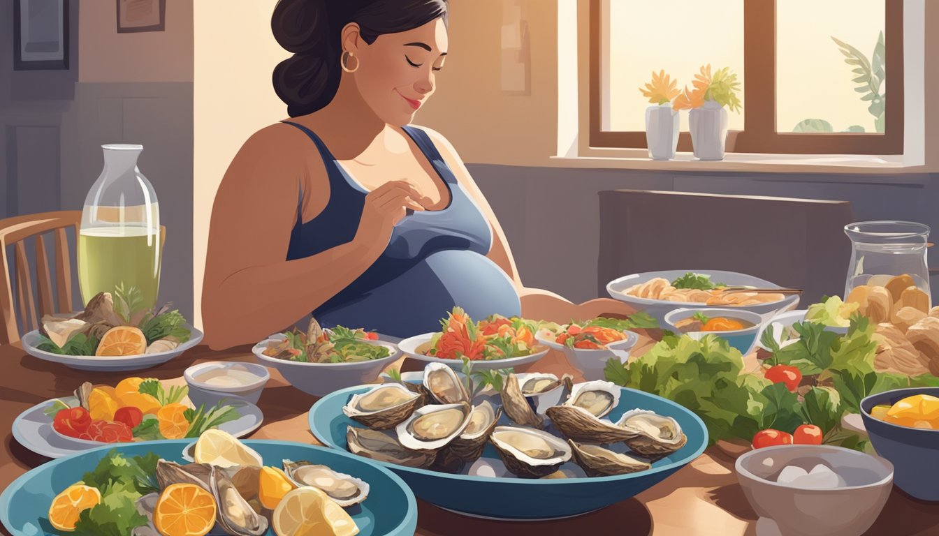 A pregnant woman enjoying a plate of cooked oysters, surrounded by a variety of colorful and healthy foods on a dining table