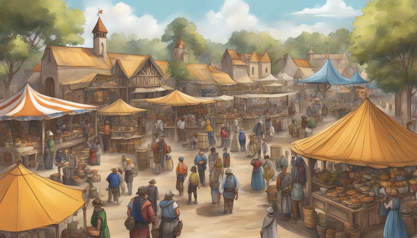 A bustling Texas Renaissance Festival with a variety of food stalls and vendors offering unique Texas cuisine