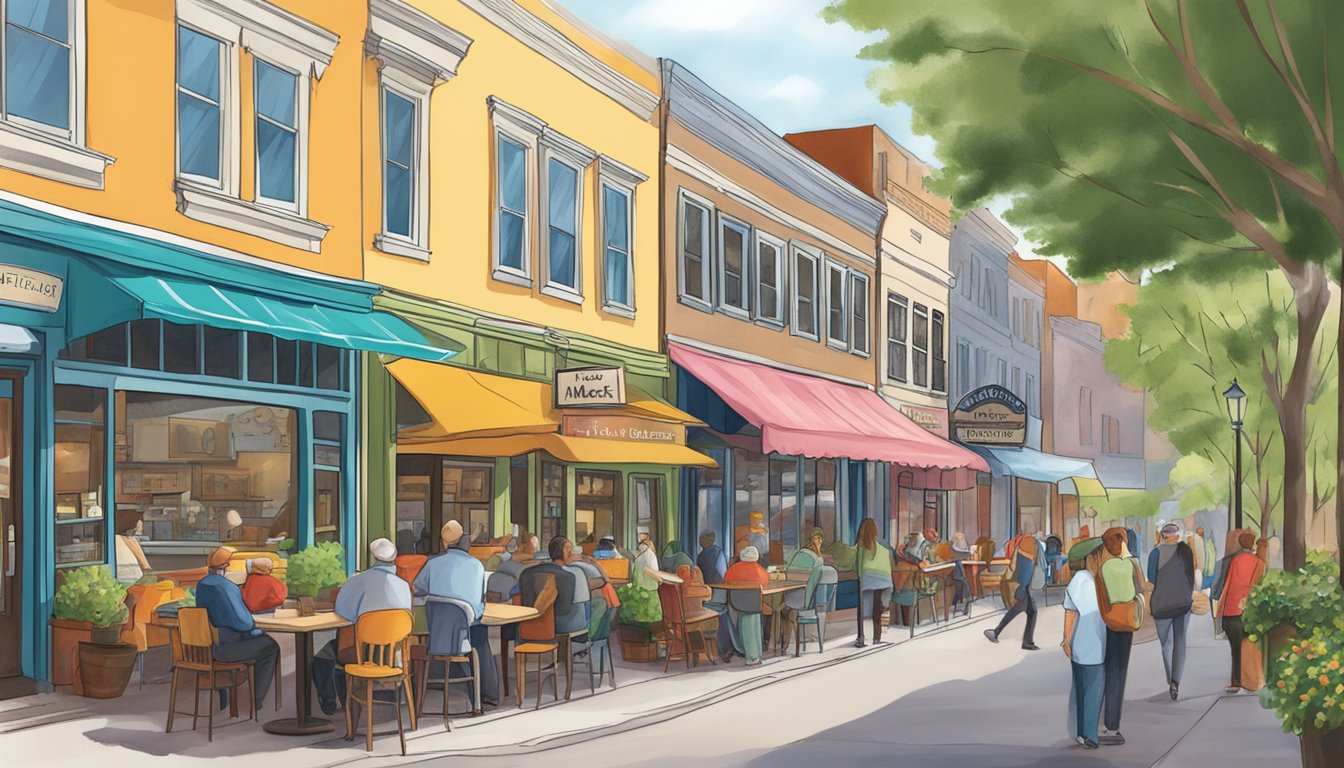 A bustling market street with colorful storefronts, outdoor seating, and a welcoming sign for "The Market Local Comfort Cafe."