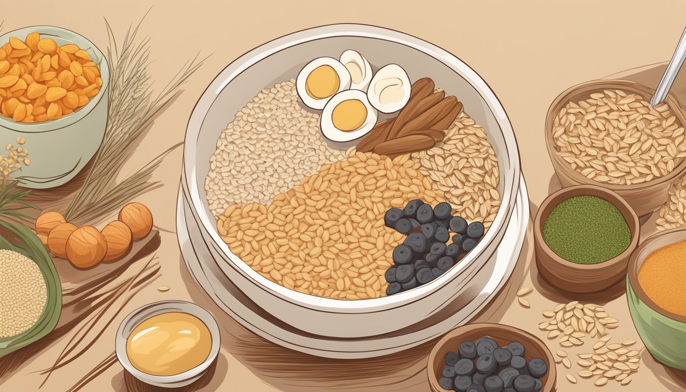 A bowl of raw oats surrounded by various nutrient-rich foods, with a pregnant woman's silhouette in the background