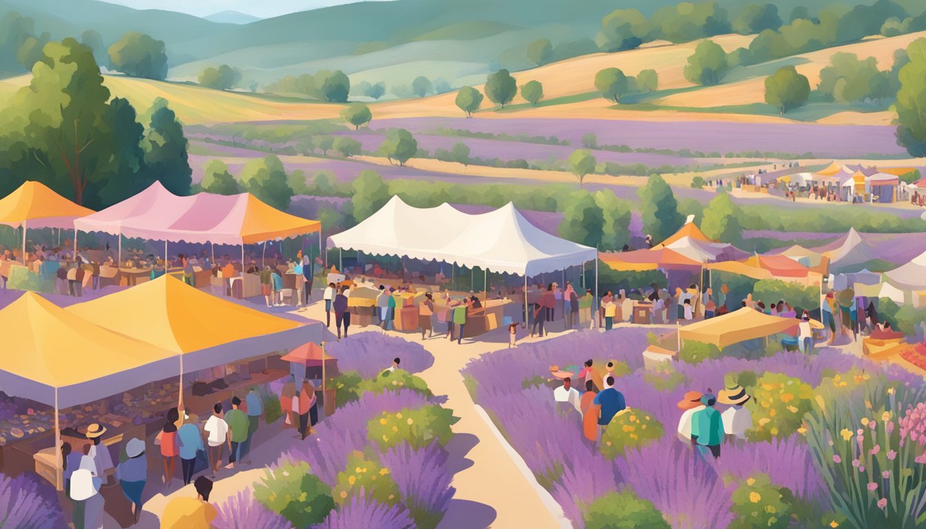 A bustling outdoor festival with colorful food vendors, live music, and rows of fragrant lavender fields stretching into the distance