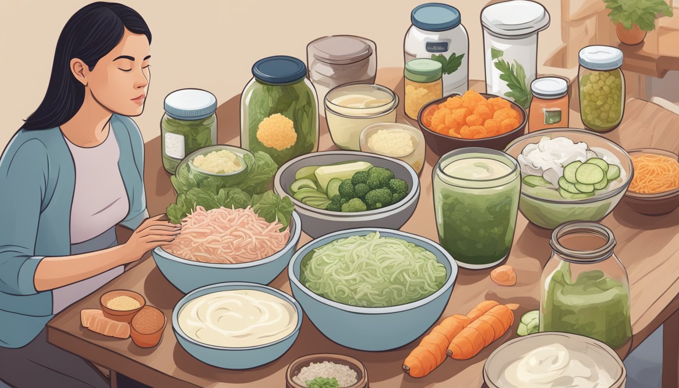 A variety of probiotic-rich foods arranged on a table, including yogurt, kefir, sauerkraut, and kimchi. A pregnant woman looks at the options with a concerned expression