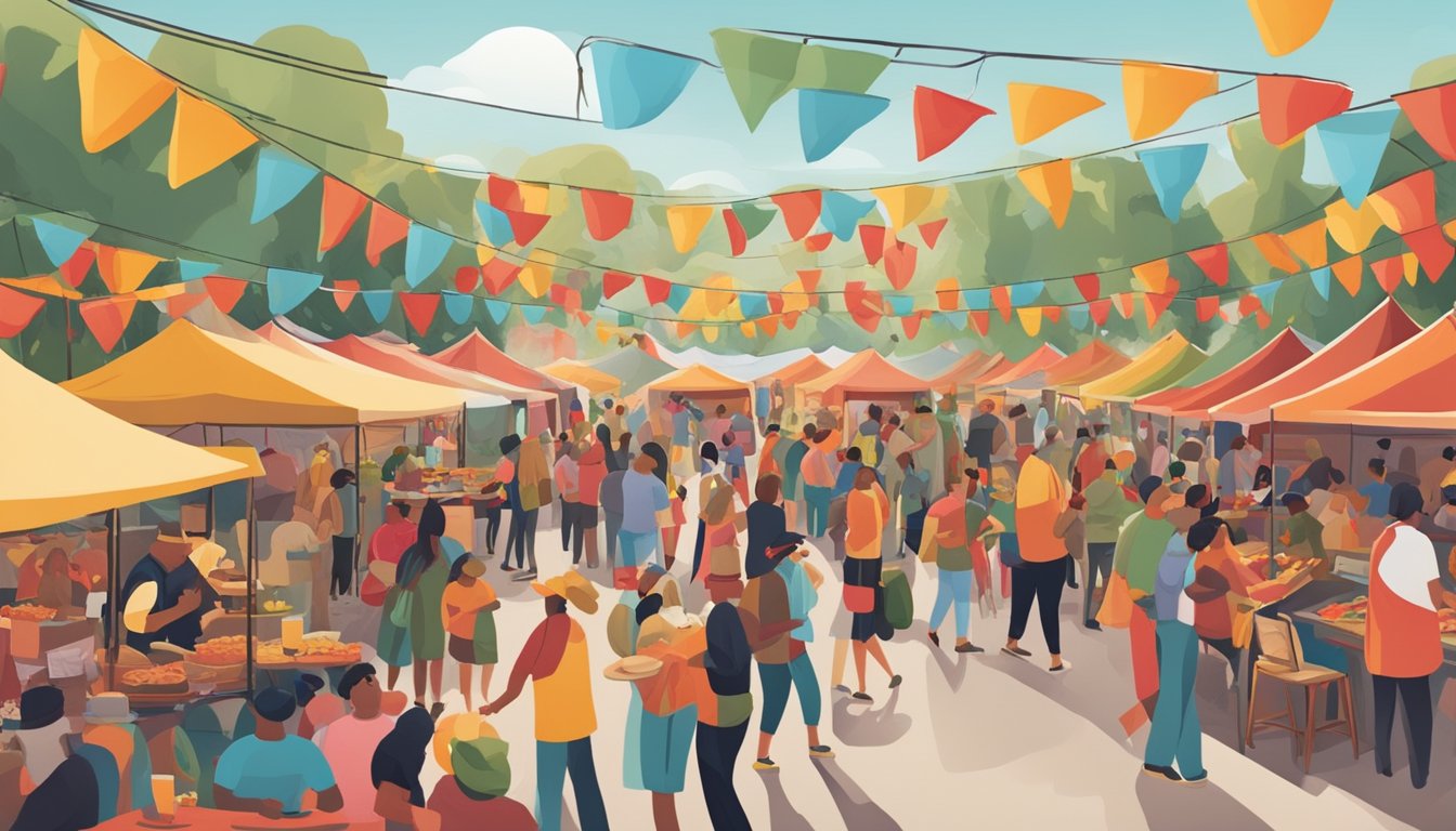 A bustling outdoor festival with colorful tents, live music, and vendors showcasing various chili pepper-infused dishes. People are gathered, enjoying the lively atmosphere and sampling the spicy cuisine