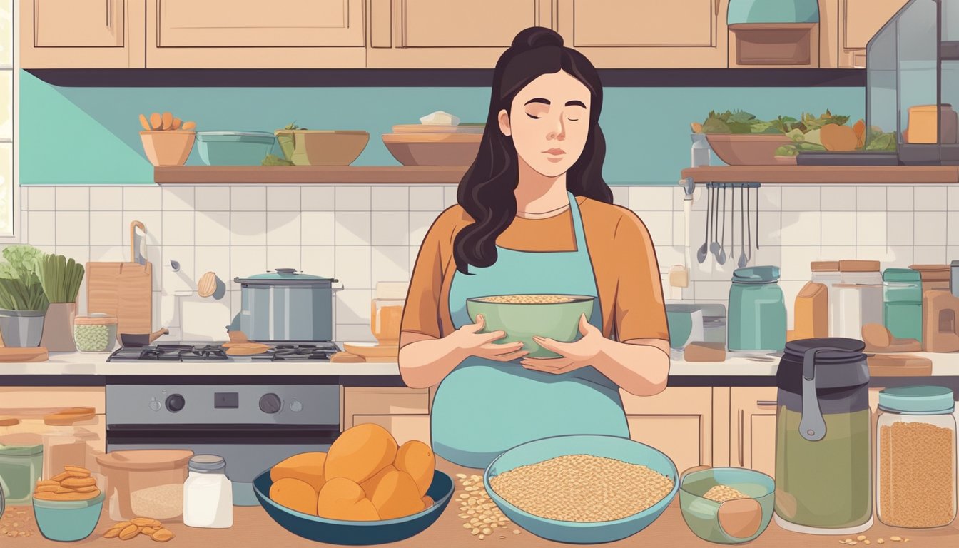 A pregnant woman standing in a kitchen, holding a bowl of raw oats with a concerned look on her face. She is surrounded by various food items and a pregnancy book open on the counter