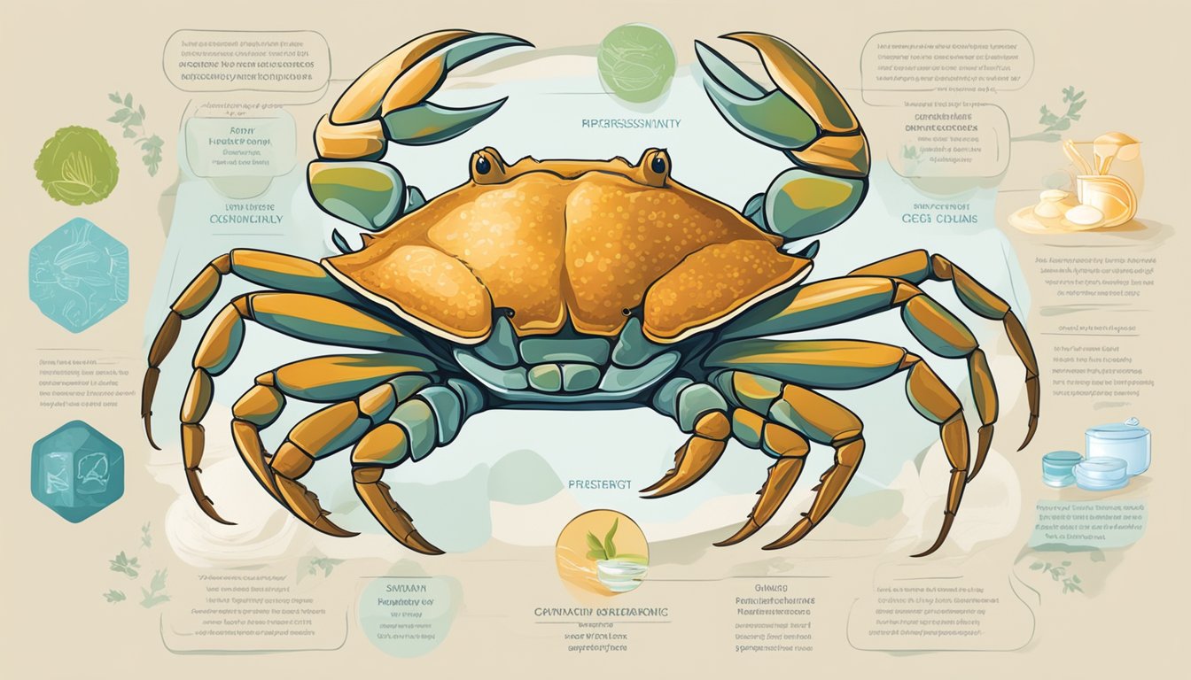 A crab with a detailed nutritional label, surrounded by symbols of pregnancy safety