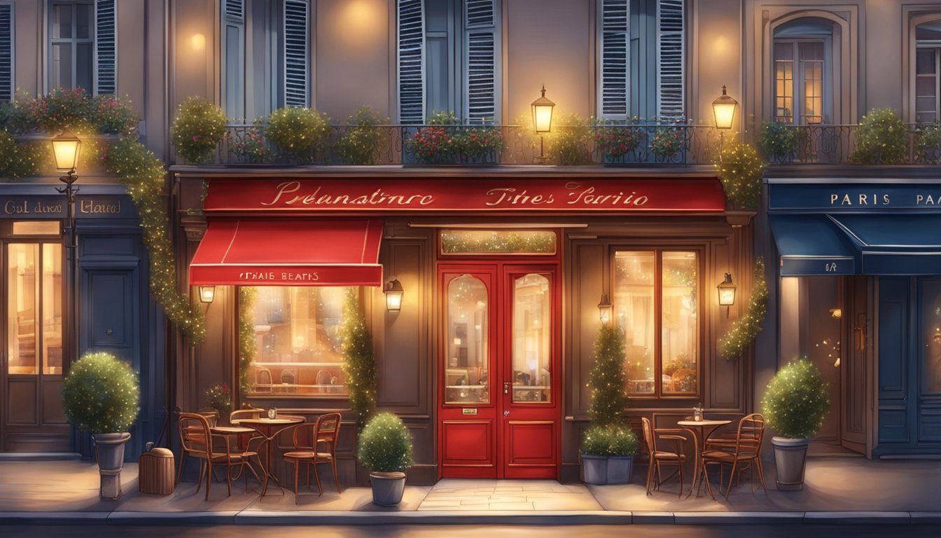 A cozy bistro with a red door, adorned with twinkling lights, nestled in the romantic streets of Paris