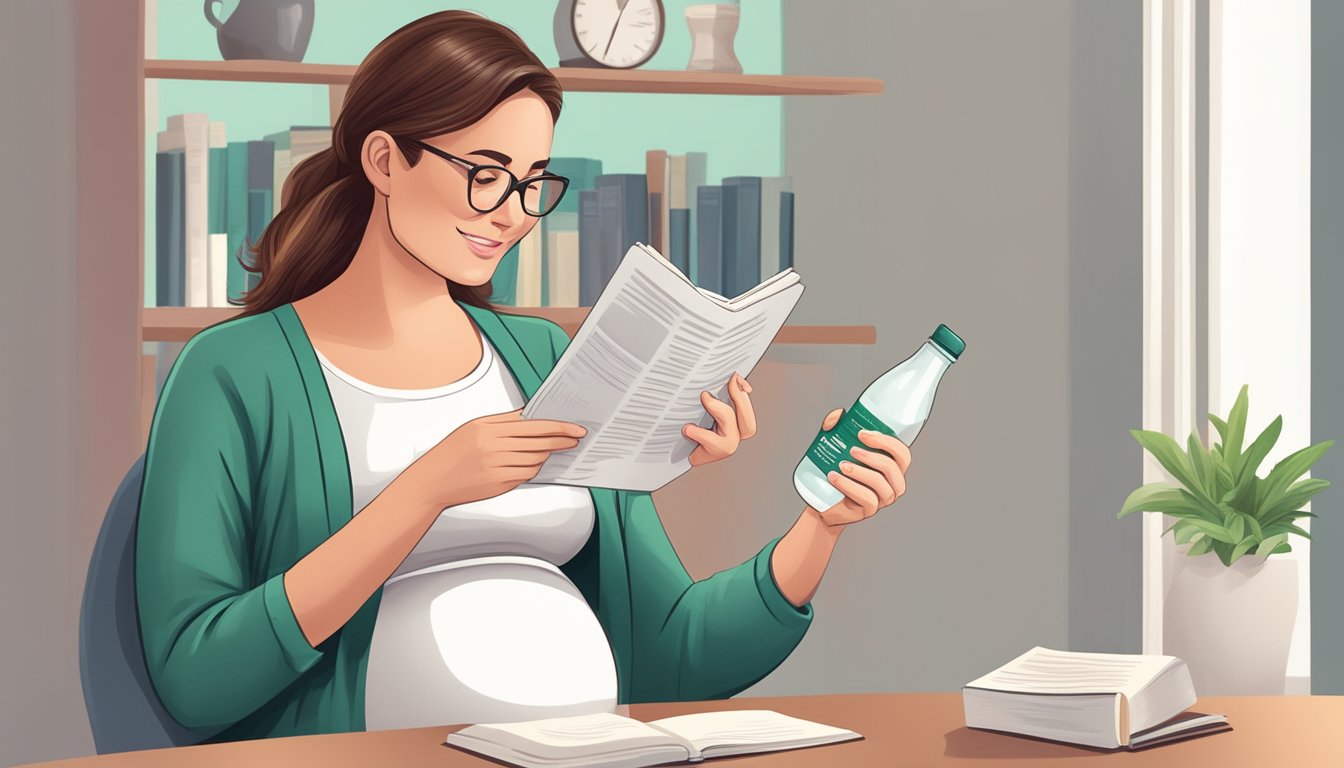 A pregnant woman holding a bottle of probiotics while reading a book on prenatal health, with a doctor's approval stamp in the background