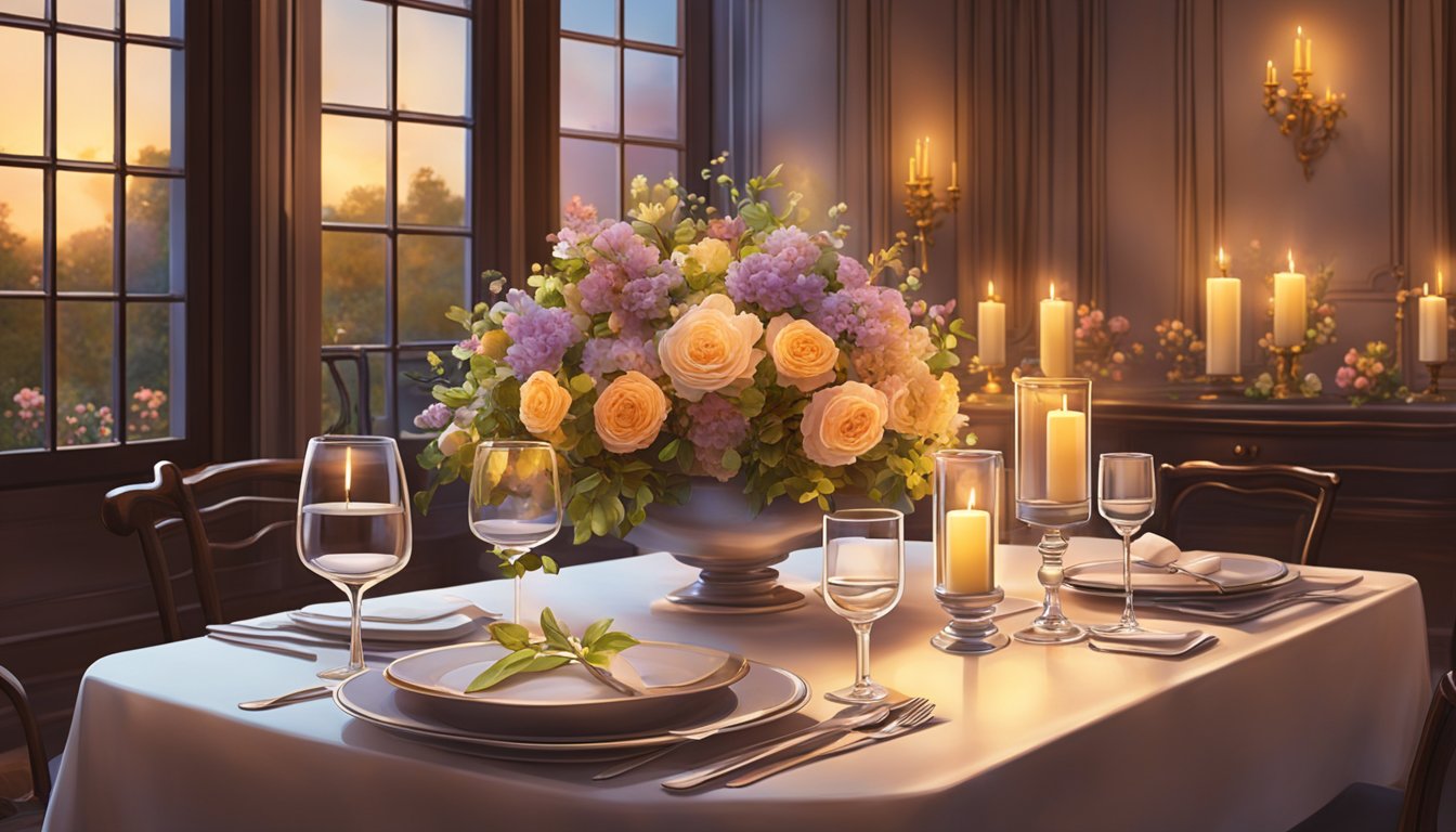 A cozy, candlelit table at Clos Maggiore, adorned with flowers and elegant place settings, set against a backdrop of warm, romantic ambiance