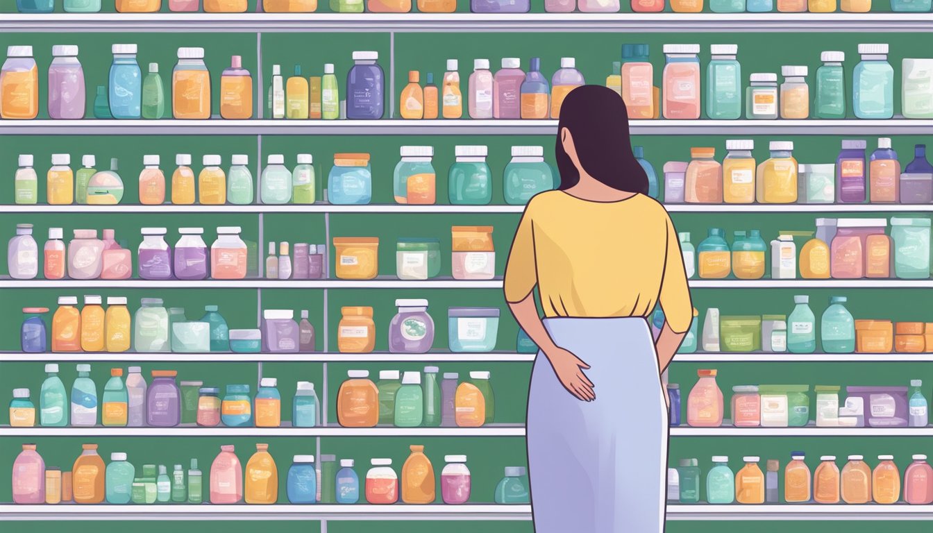 A pregnant woman standing in front of a shelf filled with various probiotic products, looking ahead with a thoughtful expression