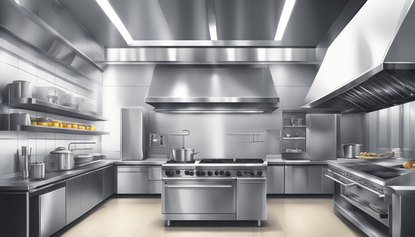 A sleek, minimalist restaurant kitchen with stainless steel appliances and avant-garde cooking equipment